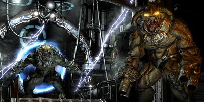 Two demonic creatures together near a powerful-looking machine