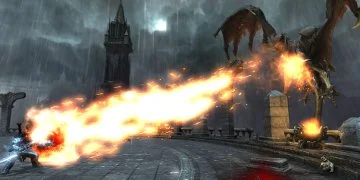 A dragon, launching a fireball towards the player's character