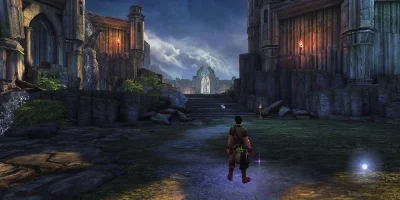 Man walking through a Castle town