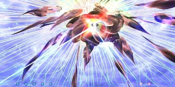 A bright light, with lots of dark, smooth objects flying off it