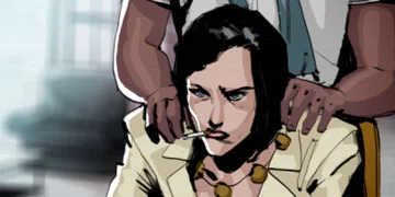 A female character being grabbed on the shoulder by another person