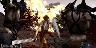 A small, un-armored character, striking down with a large sword and shield on two opponents