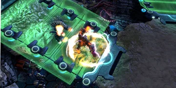 A player's squad, wlking down a ramp into a stony area