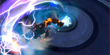 A squad member near a large circular light, giving off electricity