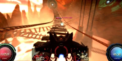 A very evil-looking black craft, flying down a rope bridge-like track