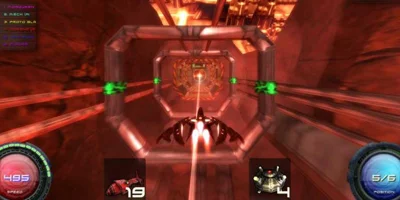 The player, speeding through a tunnel seemingly made of pipes