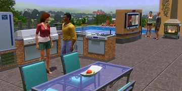 A pair of Sims, outdoors stood by a dining table