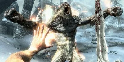 A first-person view of the player stood face-to-face with a frightening creature