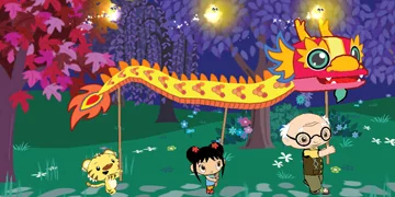 Kai-lan, an elderly man, and a tiger, holding up a chinese dragon