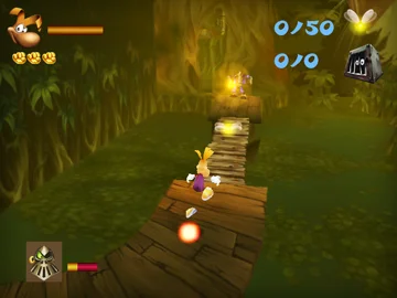 Rayman running across a wooden bridge