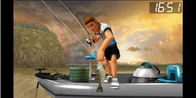 A male character stands on the side of his boat, holding his fish