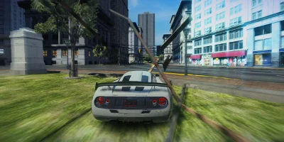 A white super-car, smashing through roadside items