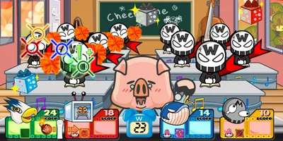 pig with crazy looking ninjas in the backgound trying not to get shot