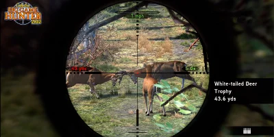 View down a scope pointing at a group of dear