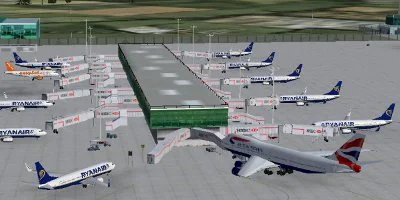 A busy terminal, swarmed by Ryanair aircraft, and a 747