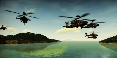 A formation of Apaches flying over the sea