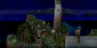 A zoomed-out view of the scenery and lighthouse