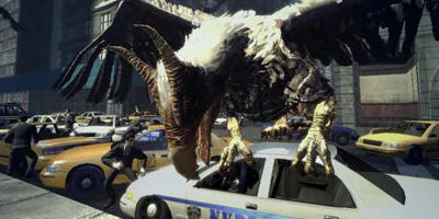 A large eagle-like creature destroying a police car