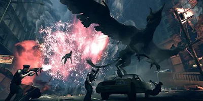 Police officers, trying to fend off a massive, eagle-like creature