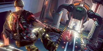 A soldier, jumping over a wall into the scene of a shoot-out