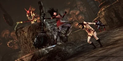 Alice, in mid-air, about to strike down on an enemy