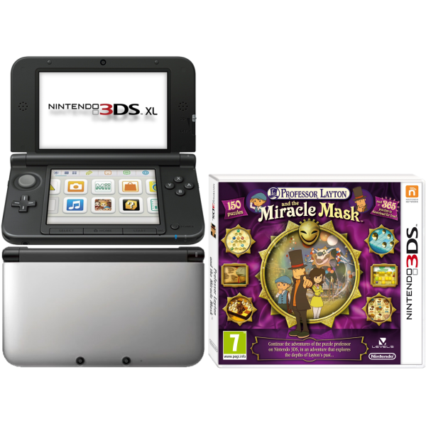 Nintendo 3DS XL Console (Silver and Black) Bundle Includes: Professor Layton And The Mask Of Miracle Image 1