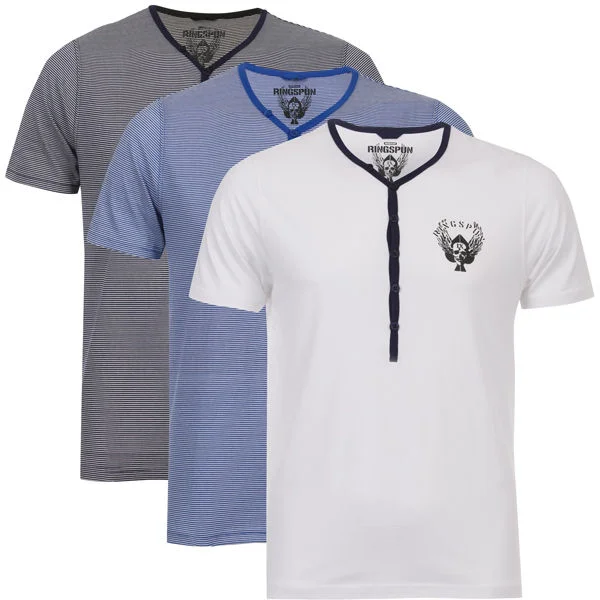 Ringspun Men's 3-Pack Meteor Short Sleeve Grandad T-Shirt - Navy Striped/White/Royal Striped - S - Navy Striped/White/Royal Striped Image 1