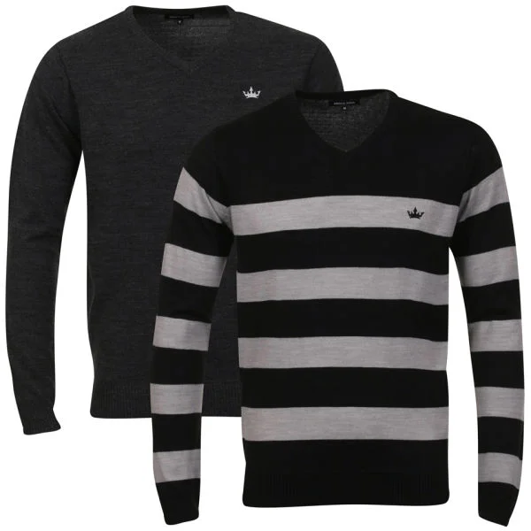 Brave Soul Men's 2 Pack V Neck Knit - Black & Light Grey Marl Stripe - S - Black / Grey Marl Image 1
