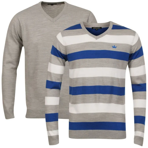Brave Soul Men's 2 Pack V Neck Knit - Light Grey, Royal & White Stripe - S - Grey/ Royal / White Image 1