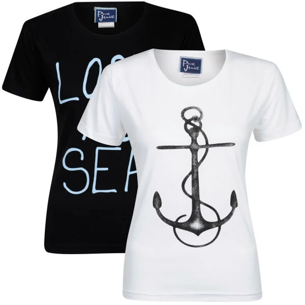 Pure Juice Women's 2 Pack Anchor & Lost at Sea Graphic T-Shirt - White/Black - S - White/Black Image 1