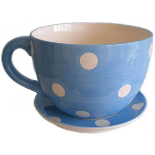 Giant Blue and White spot Tea Cup and Saucer Planter - Great Gift Image 1