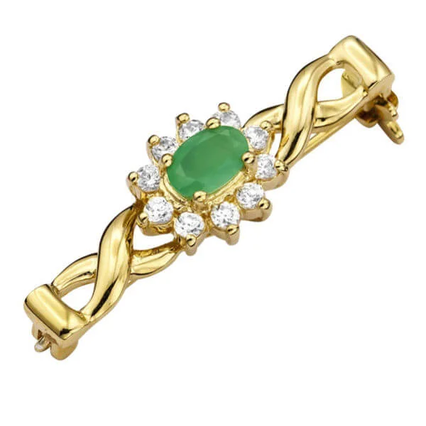 Gold Plated Emerald & Cubic Zirconia Pin Brooch - One Size Image 1