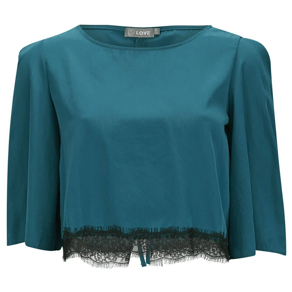 LOVE Women's Lace Edge Tie Back Crop Top - Blue - M-L Image 1