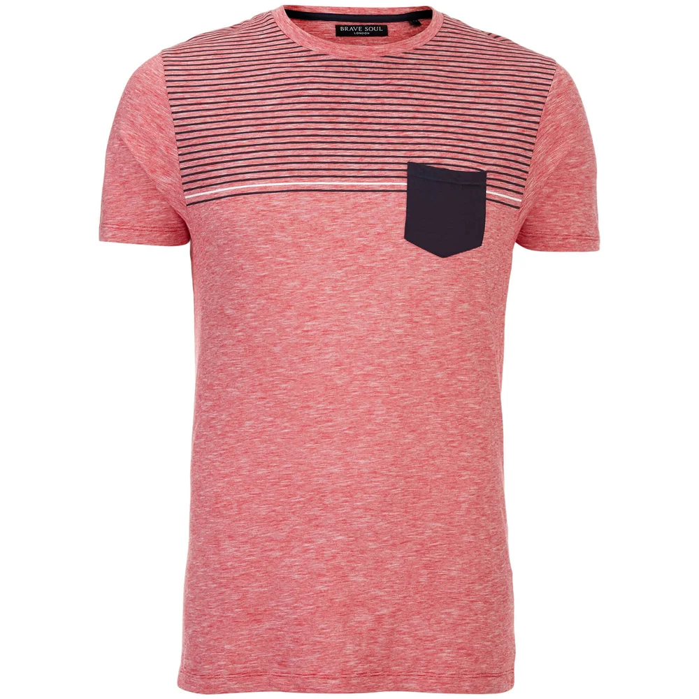 Brave Soul Men's Lenin Stripe Pocket T-Shirt - Red/Navy/White - S Image 1