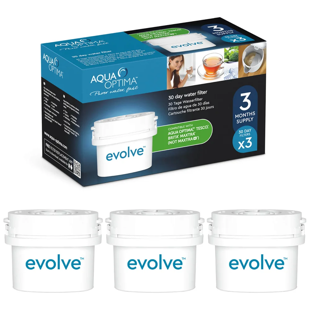 Aqua Optima 3 x 30 Day Evolve Water Filter Cartridges Fits BRITA MAXTRA Jugs (3 Month Pack) Image 1