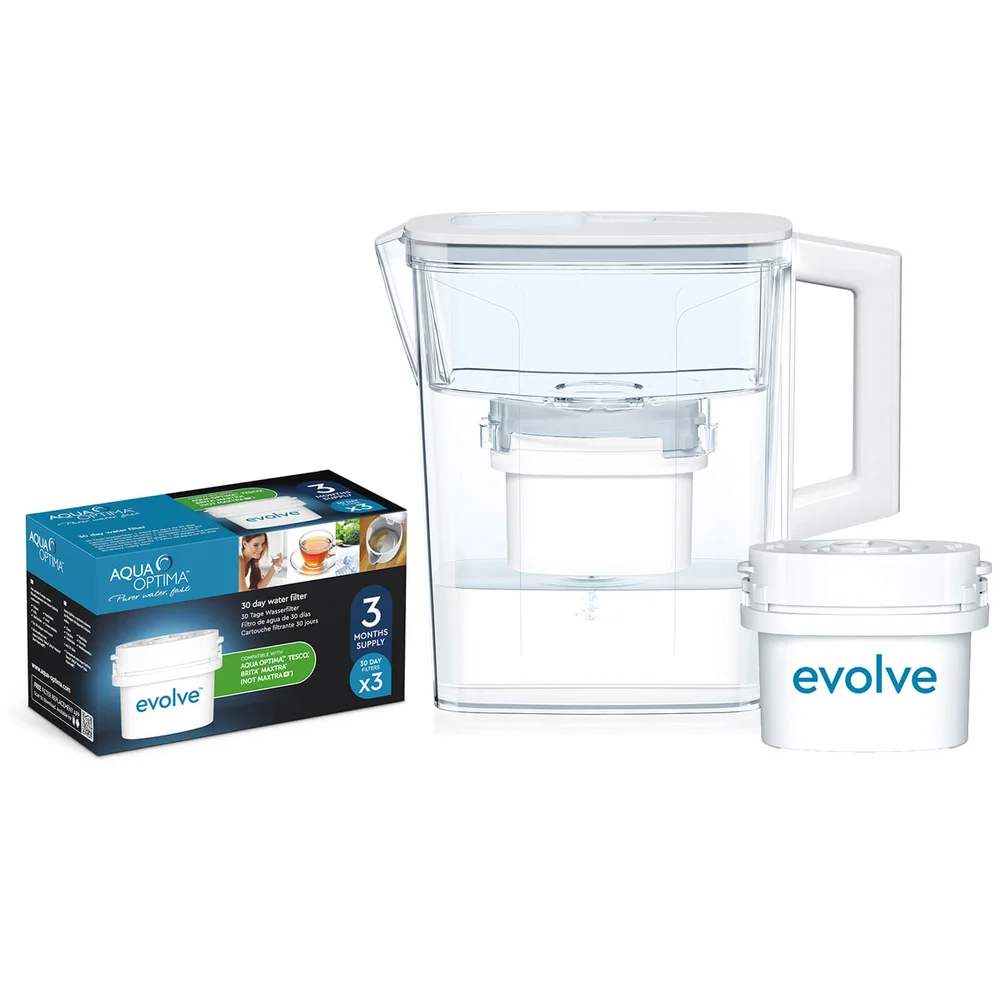 Aqua Optima 2.1L White Compact Water Filter Jug with 3 x 30 Day Evolve Filter Cartridges (3 Month Bundle) Image 1