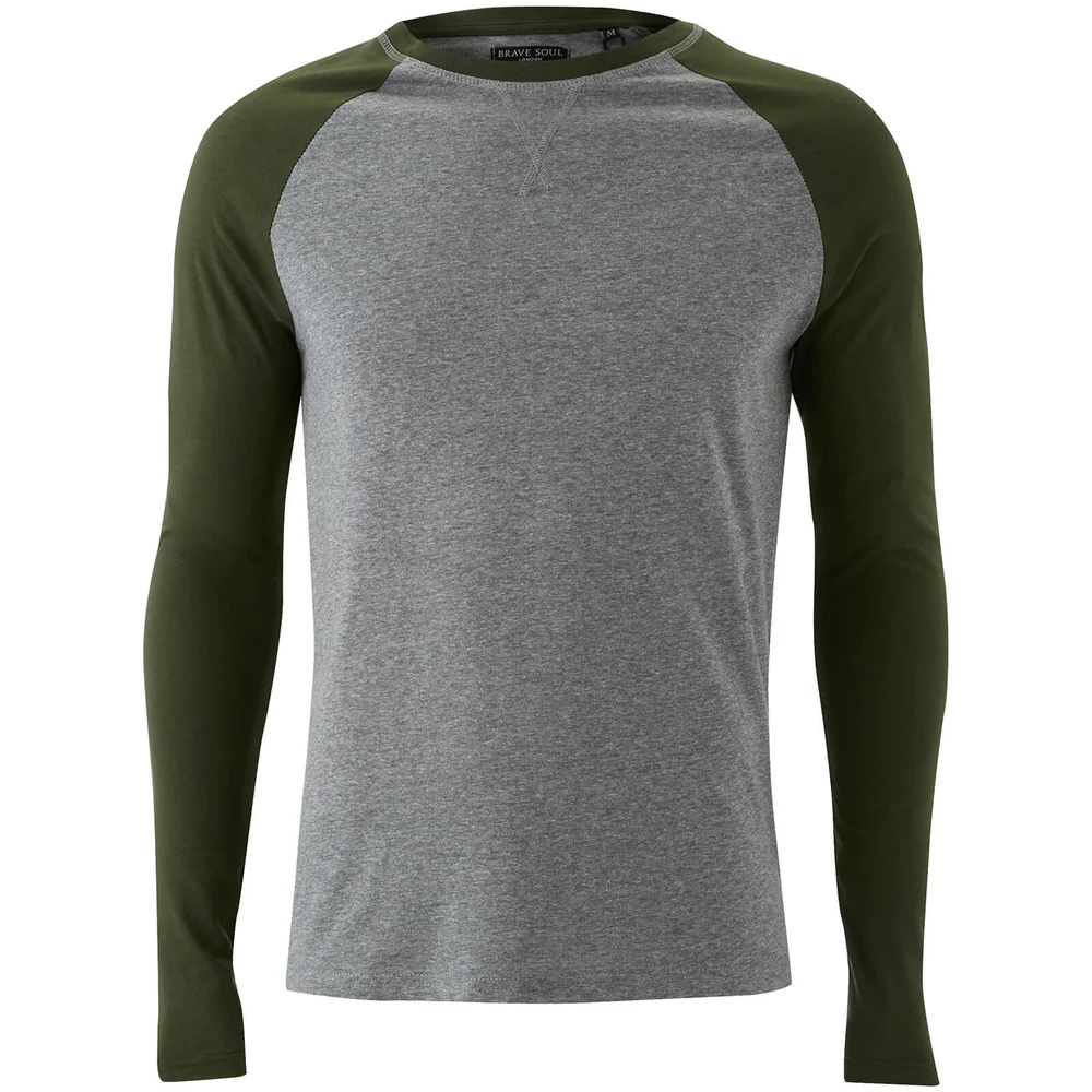 Brave Soul Men's Osbourne Raglan Long Sleeve Top - Mid Grey/Khaki - S - Green Image 1