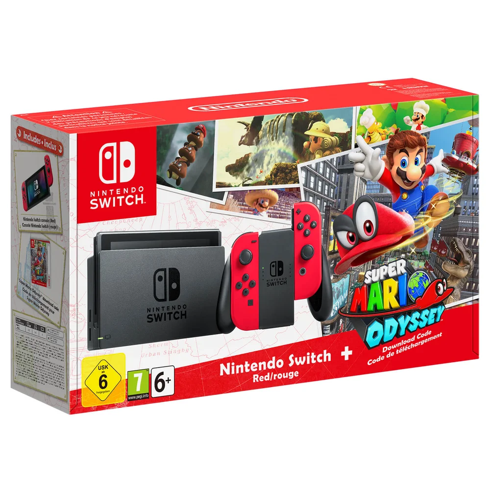 Nintendo Switch with Red Joy-Con Controllers + Super Mario Odyssey Image 1