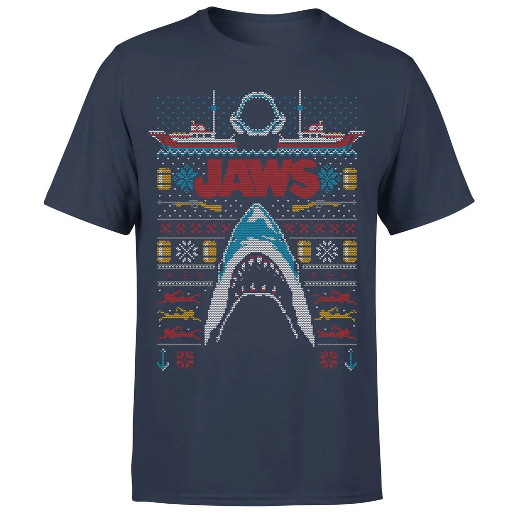 Jaws Fairisle Men's Christmas T-Shirt - Navy - S Image 1