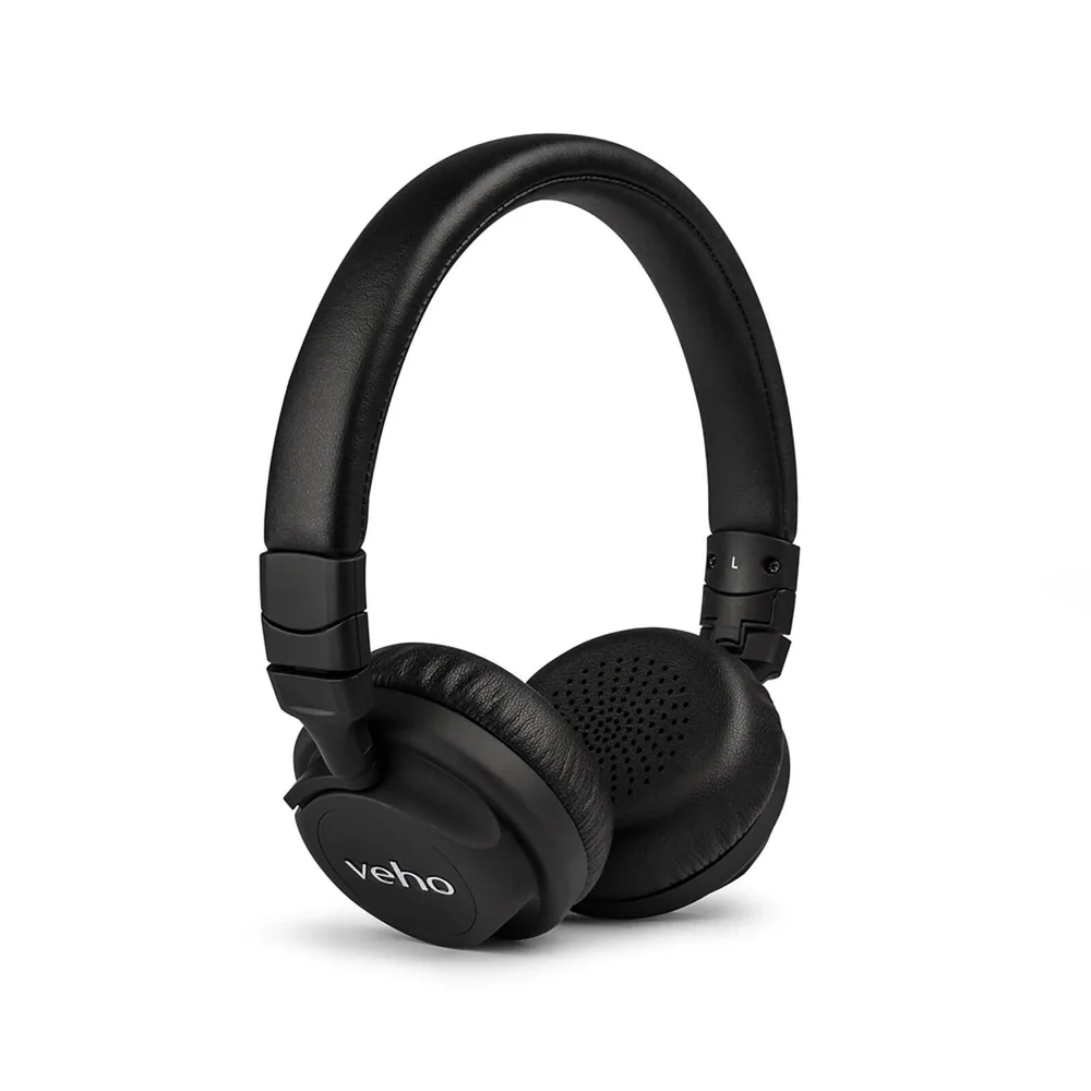 Veho Z4 On Ear Leather Finish Foldable Headphones with In-Line Control and Microphone - Black Image 1