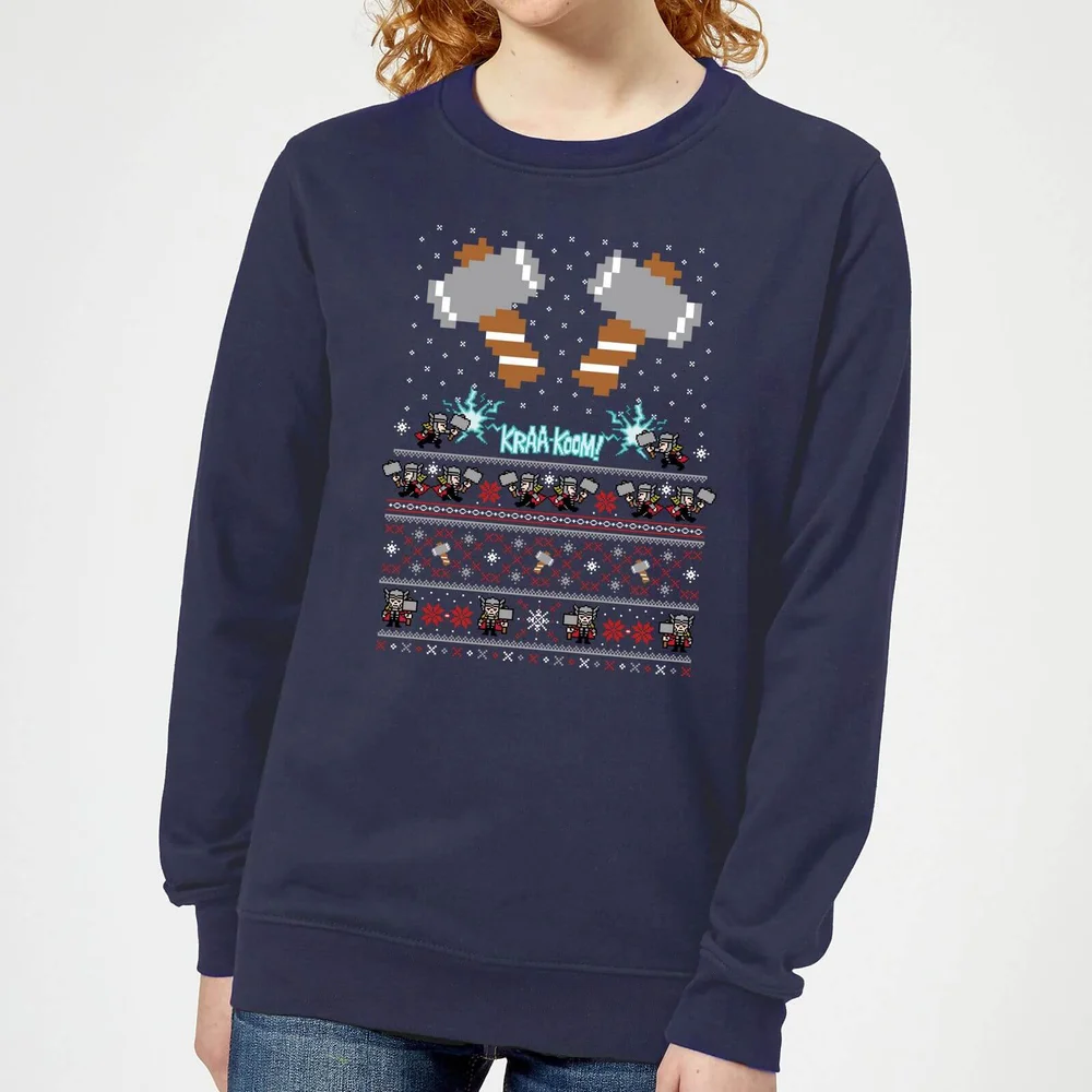 Marvel Avengers Thor Pixel Art Women's Christmas Jumper - Navy - XS Image 1