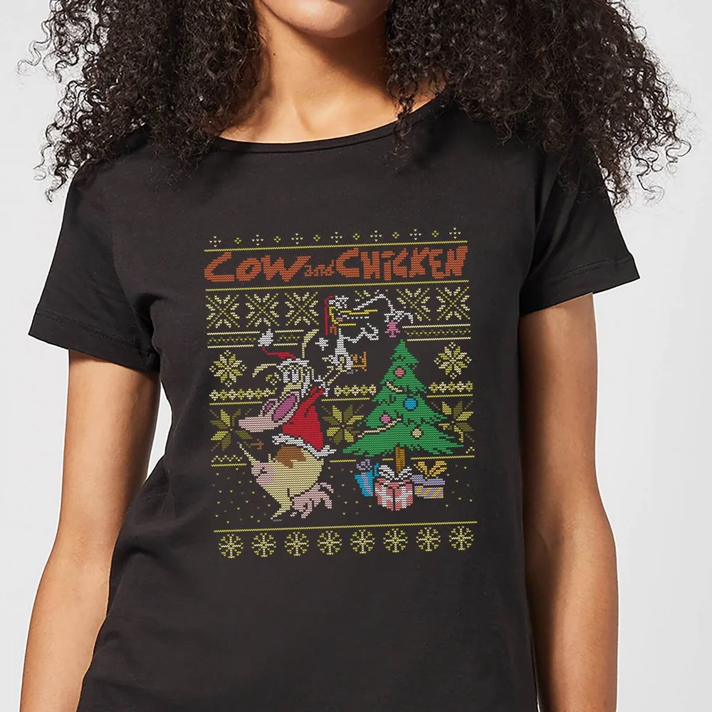 Cow and Chicken Cow And Chicken Pattern Women's Christmas T-Shirt - Black - XS Image 1