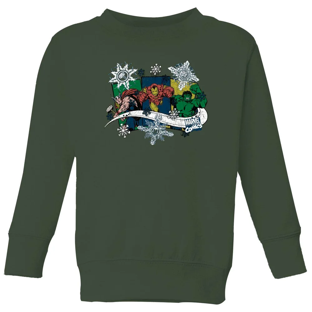 Marvel Thor Iron Man Hulk Snowflake Kids' Christmas Jumper - Forest Green - 3-4 Years Image 1