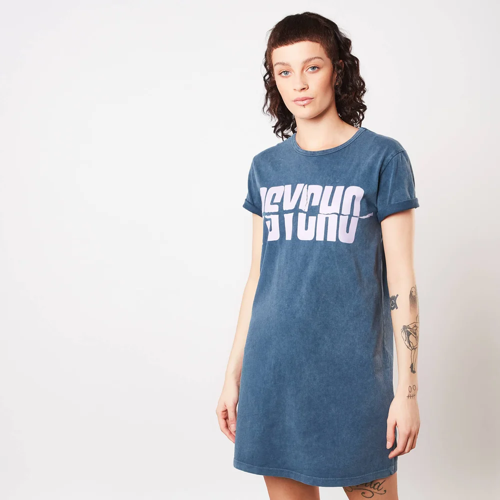 Psycho Logo Embroidered Women's T-Shirt Dress - Navy Acid Wash - XXL Image 1