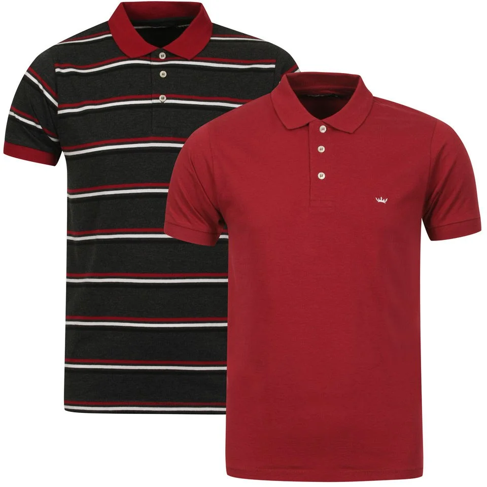 Brave Soul Men's Lusitania 2-Pack Polo Shirts - Burgundy/Charcoal Marl/Navy Stripe & Burgundy - S - Burgundy/Charcoal Marl/Navy Image 1
