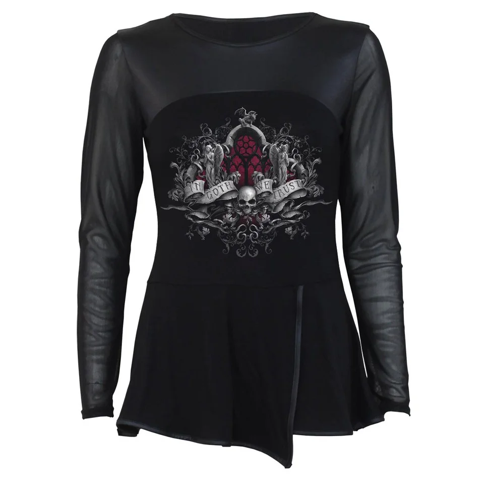 Spiral Women's IN GOTH WE TRUST Mesh Sleeve Flare-Wrap Dress - Black - L - Black Image 1