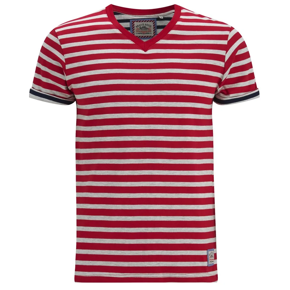 Brave Soul Men's Boson Striped V Neck T-Shirt - Red Marl - S - Red Image 1