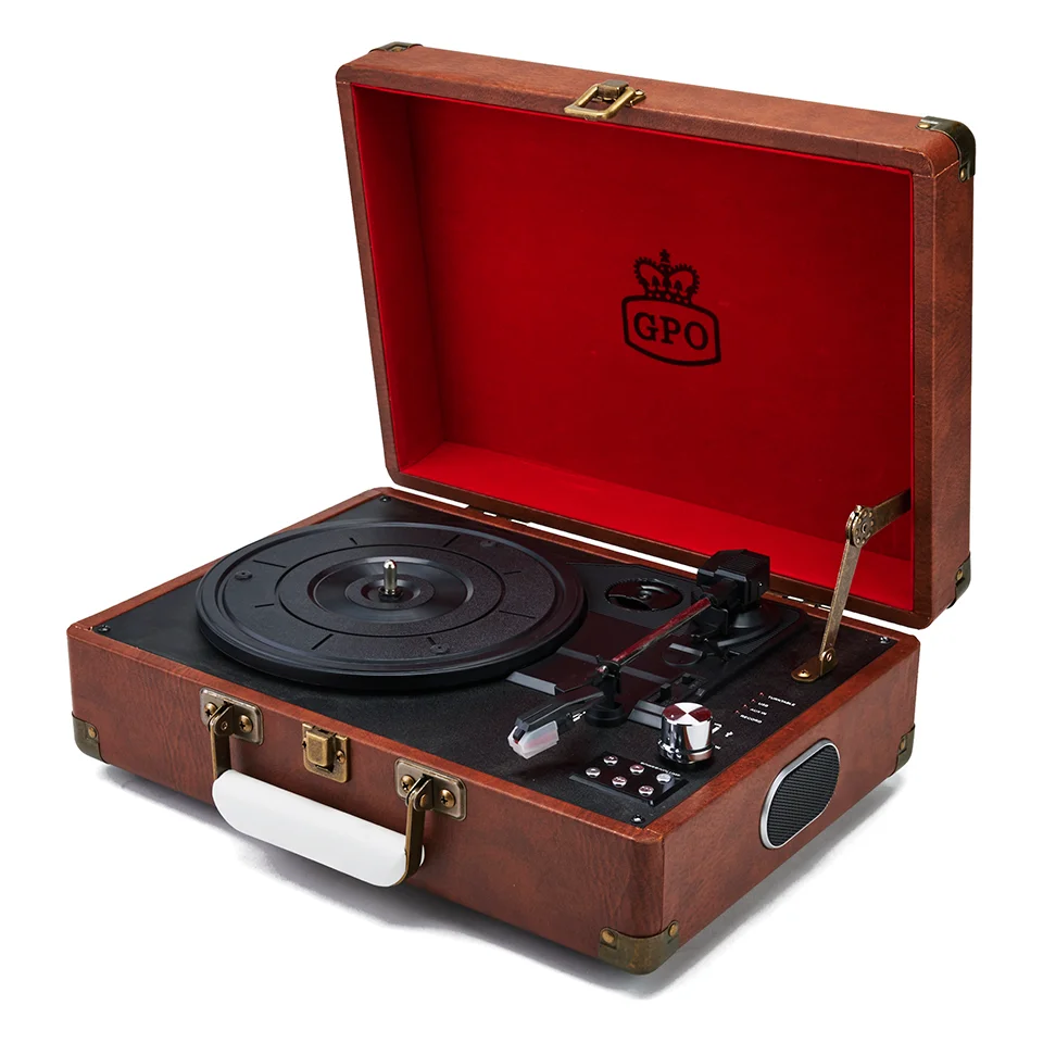 GPO Retro Attache Briefcase Style Three-Speed Portable Vinyl Turntable with Free USB Stick and Built-In Speakers - Vintage Brown Image 1