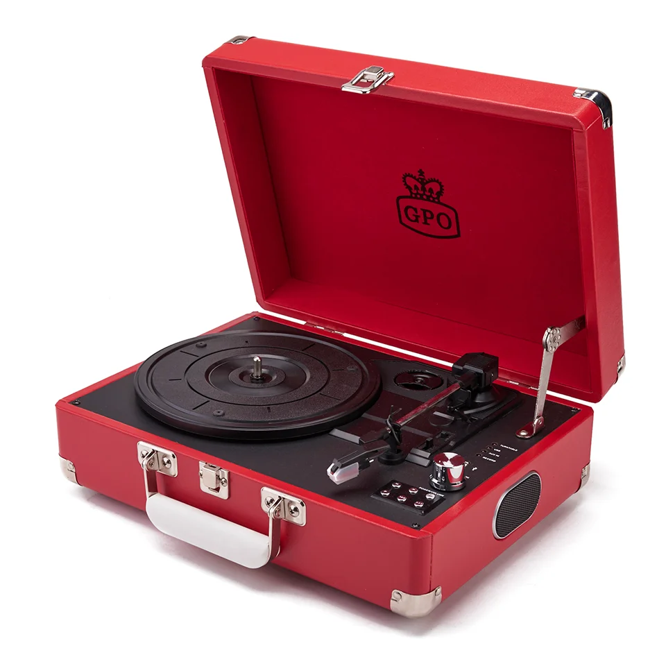 GPO Retro Attache Briefcase Style Three-Speed Portable Vinyl Turntable with Free USB Stick and Built-In Speakers - Red Image 1