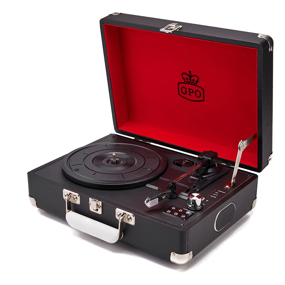 GPO Retro Attache Briefcase Style Three-Speed Portable Vinyl Turntable with Free USB Stick and Built-In Speakers - Black Image 1